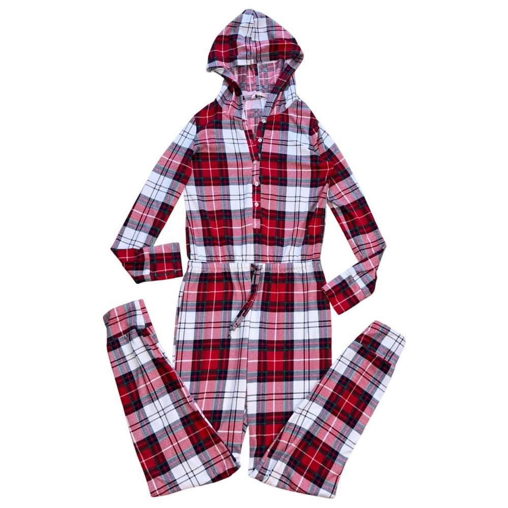 La Vie en Rose Pajama One Piece Plaid Hooded Christmas Loungewear XS‎